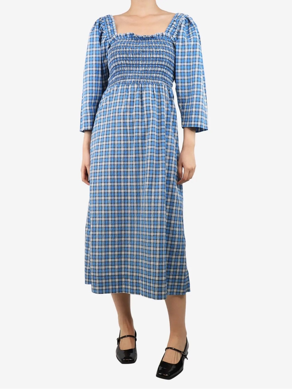 Ganni Blue and White Plaid Smocked Midi Dress